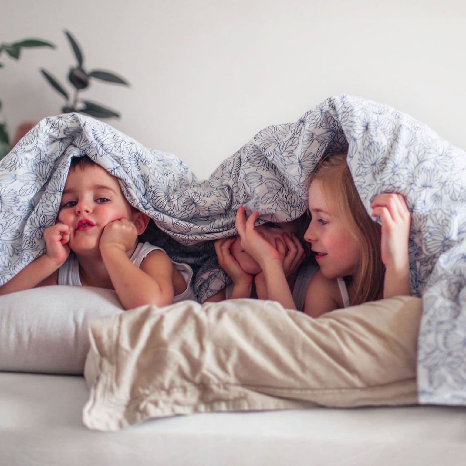 Die leistungsstarke Krankenkasse für Familien: Drei Kinder verstecken sich unter einer Bettdecke.